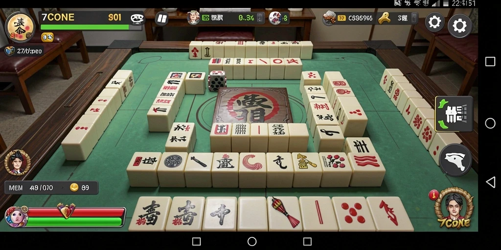 Screenshot gameplay 7CONE menampilkan suasana permainan Mahjong yang seru.