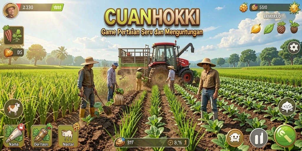 Screenshot gameplay CUANHOKI yang menunjukkan aktivitas bertani.