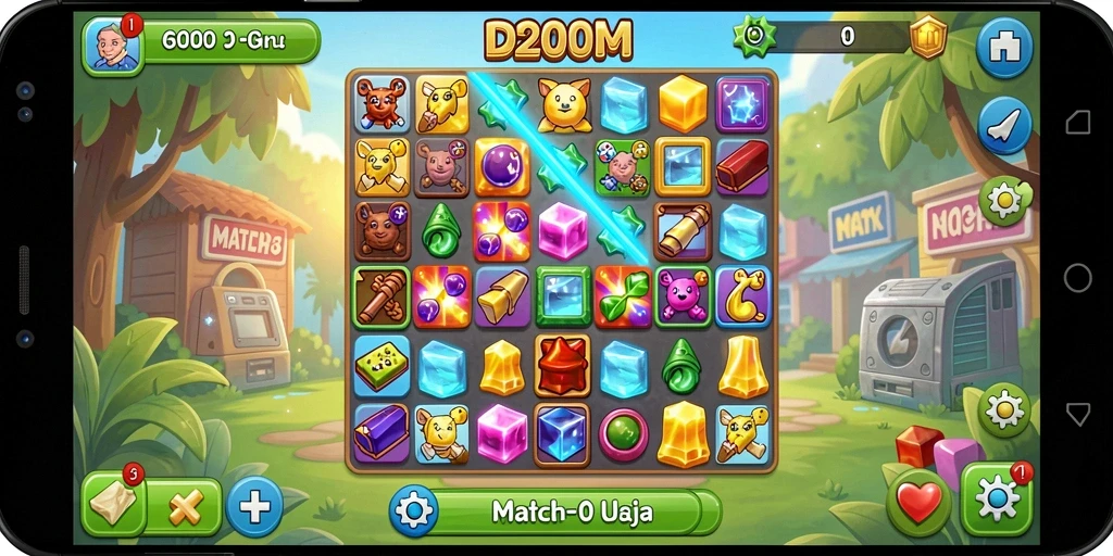 Screenshot D200M menampilkan gameplay Match-3 yang seru dan penuh warna.