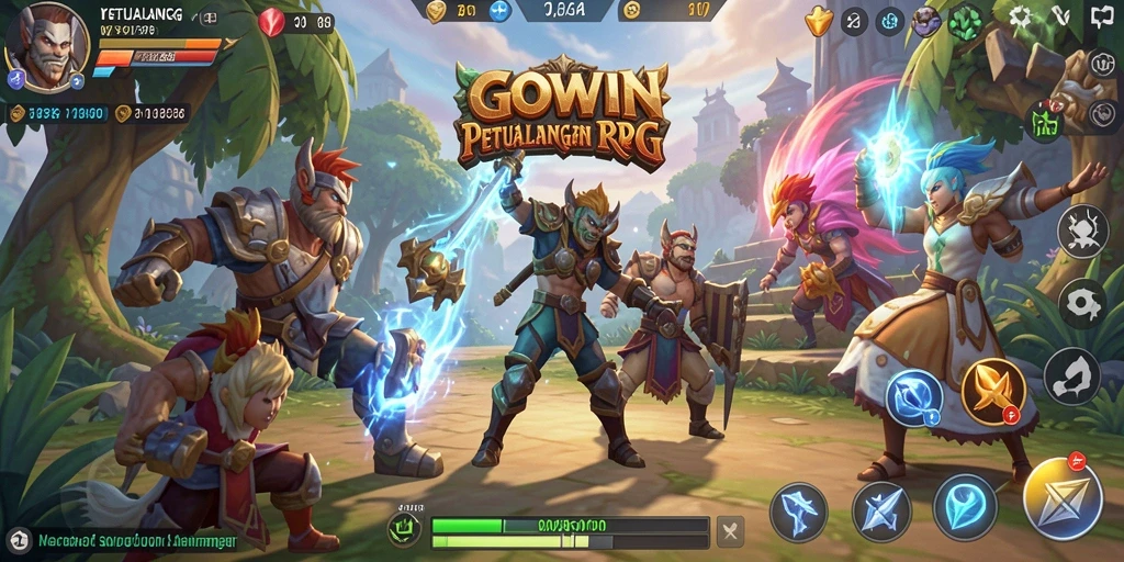 Tangkapan layar utama GOWIN menampilkan aksi RPG yang mendebarkan.