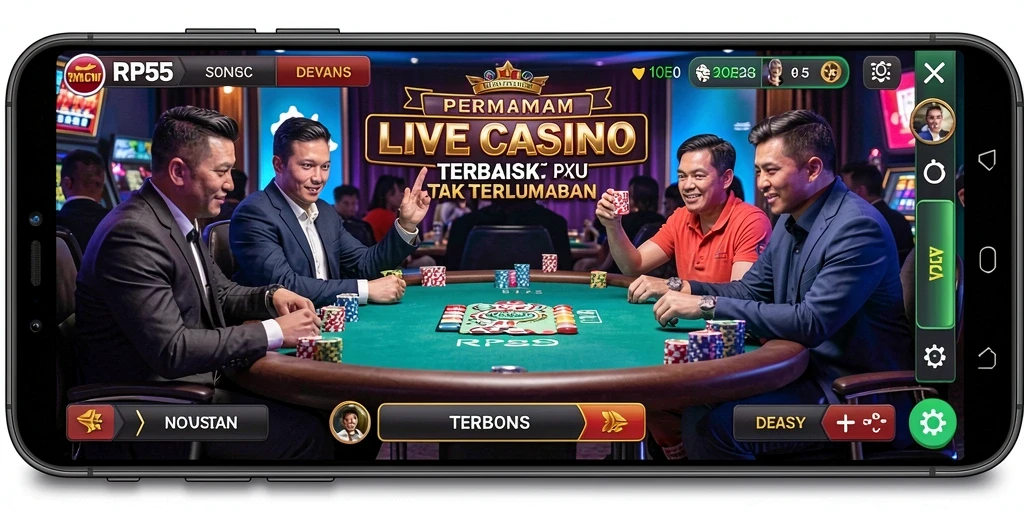Screenshot utama RP55 menampilkan gameplay Live Casino yang menarik dan interaktif.