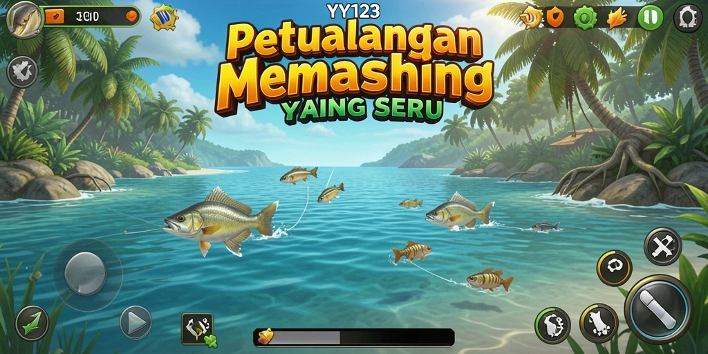 Screenshot gameplay YY123 menampilkan pemain yang sedang memancing di danau indah.
